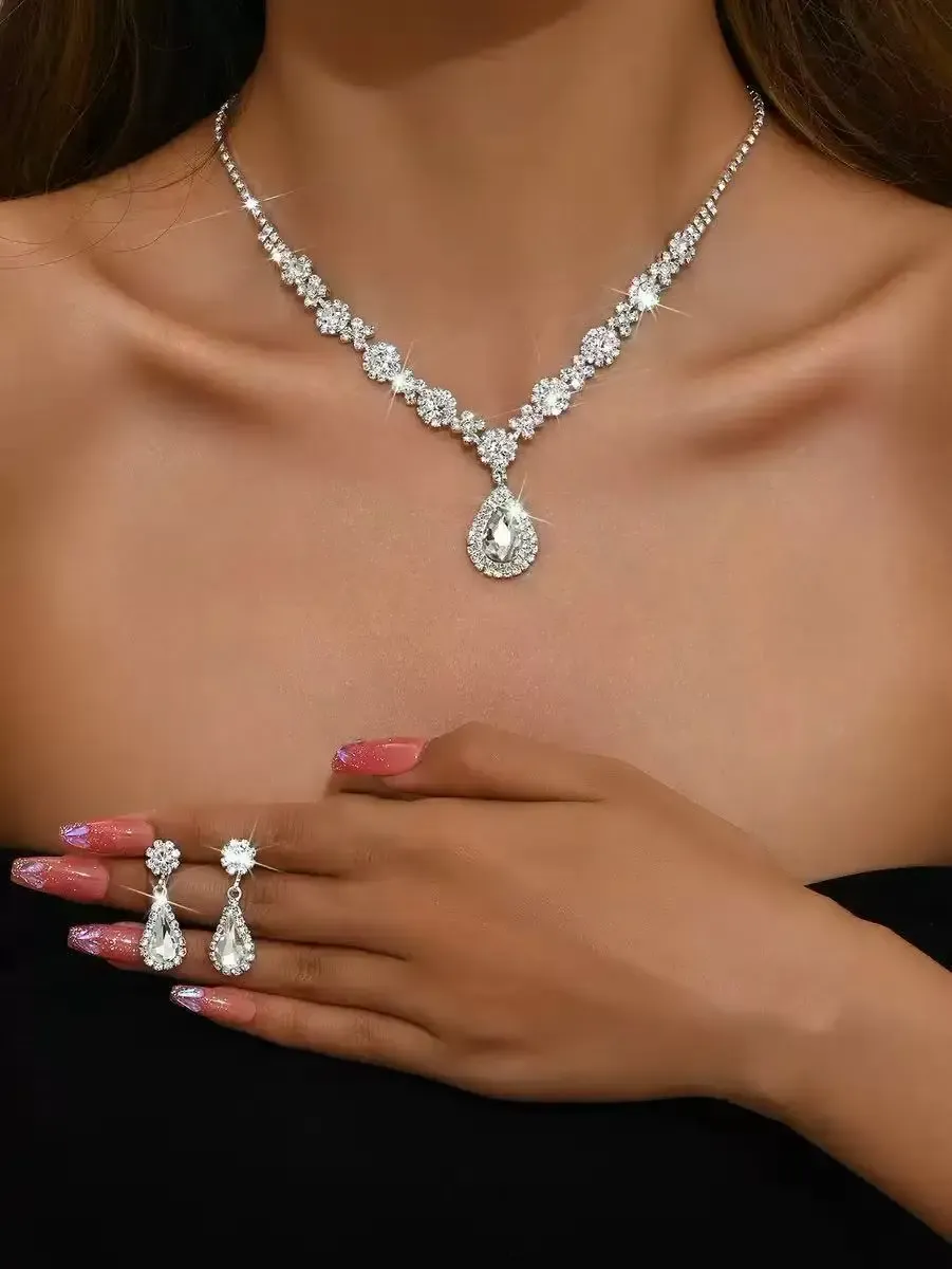 Elegant Women's Crystal Droplet Necklace and Earring Set - 3 Piece Bridal Jewelry for Wedding & Evening Dresses showcase 2