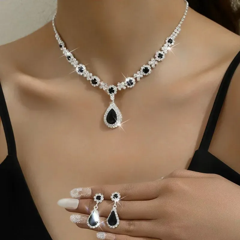 Elegant Women's Crystal Droplet Necklace and Earring Set - 3 Piece Bridal Jewelry for Wedding & Evening Dresses thumbnail 2