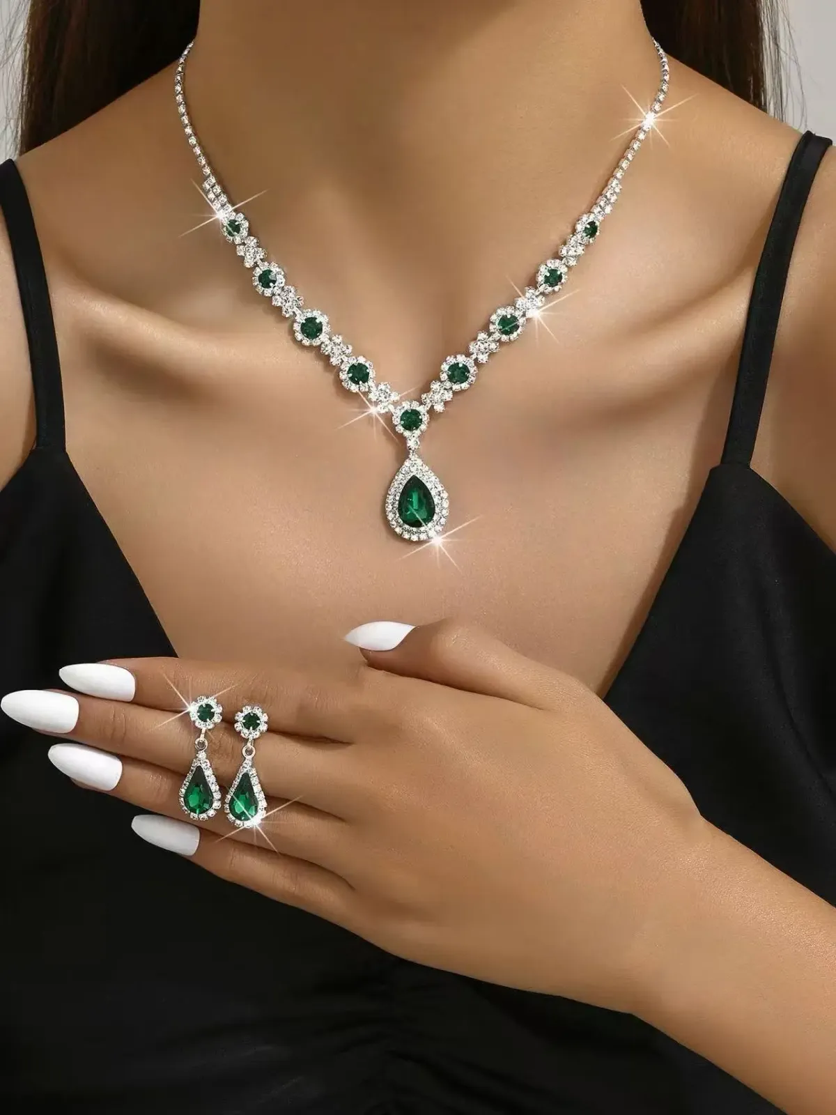 Elegant Women's Crystal Droplet Necklace and Earring Set - 3 Piece Bridal Jewelry for Wedding & Evening Dresses showcase 21