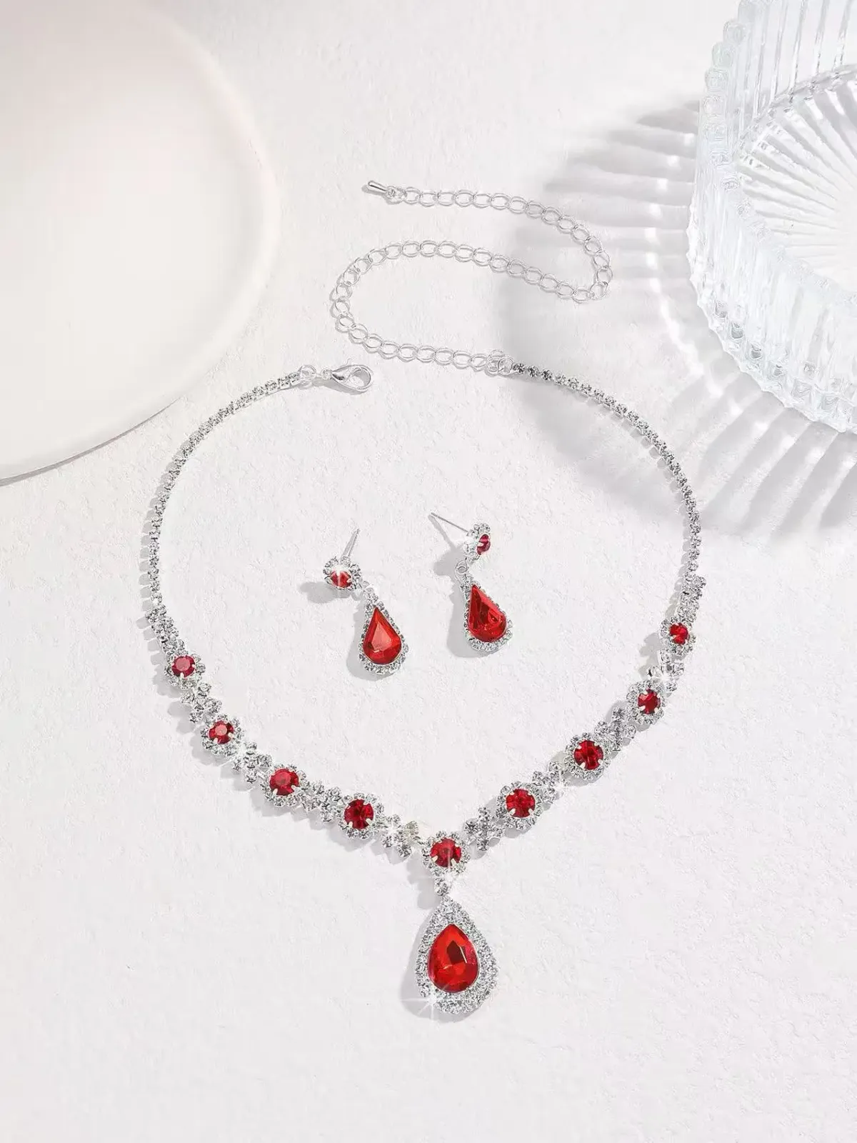 Elegant Women's Crystal Droplet Necklace and Earring Set - 3 Piece Bridal Jewelry for Wedding & Evening Dresses showcase 11