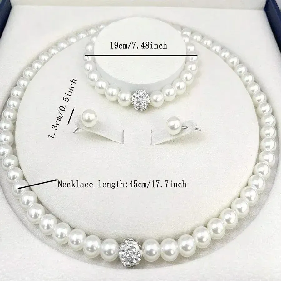 Elegant 3-Piece Imitation Pearl Fireball Jewelry Set for Women - Silver Color Crystal Stone Necklace, Bracelet, and Stud Earrings - Perfect Bridal Gift - Image 3