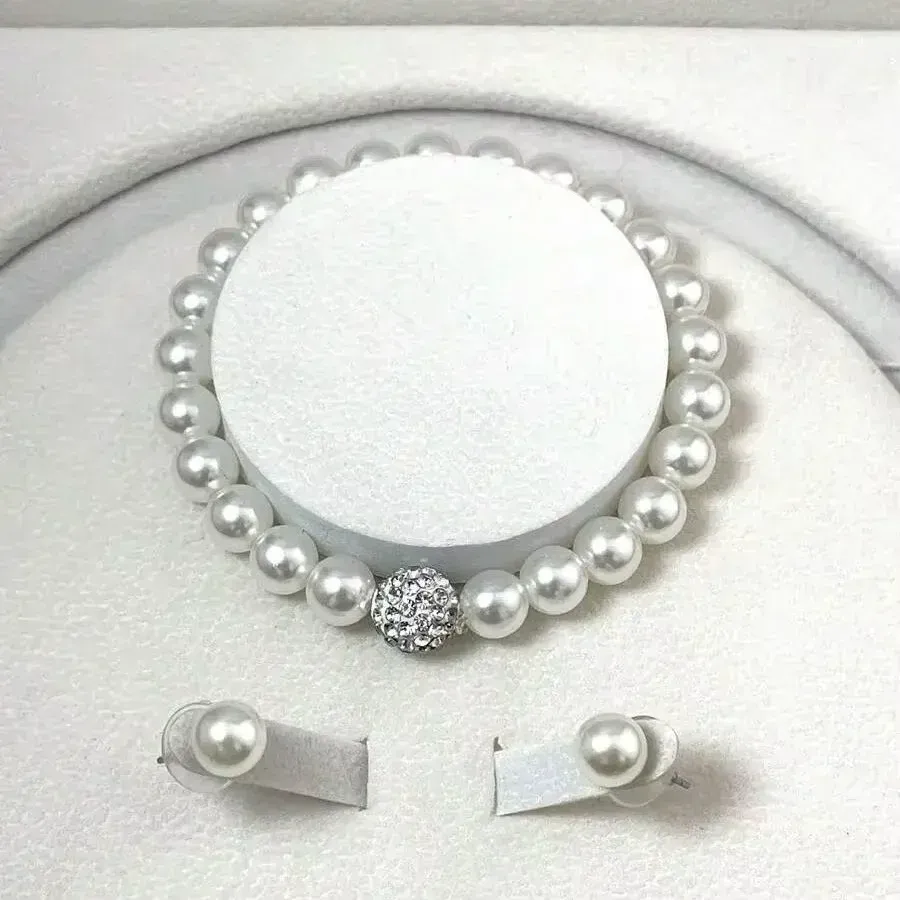 Elegant 3-Piece Imitation Pearl Fireball Jewelry Set for Women - Silver Color Crystal Stone Necklace, Bracelet, and Stud Earrings - Perfect Bridal Gift - Image 5
