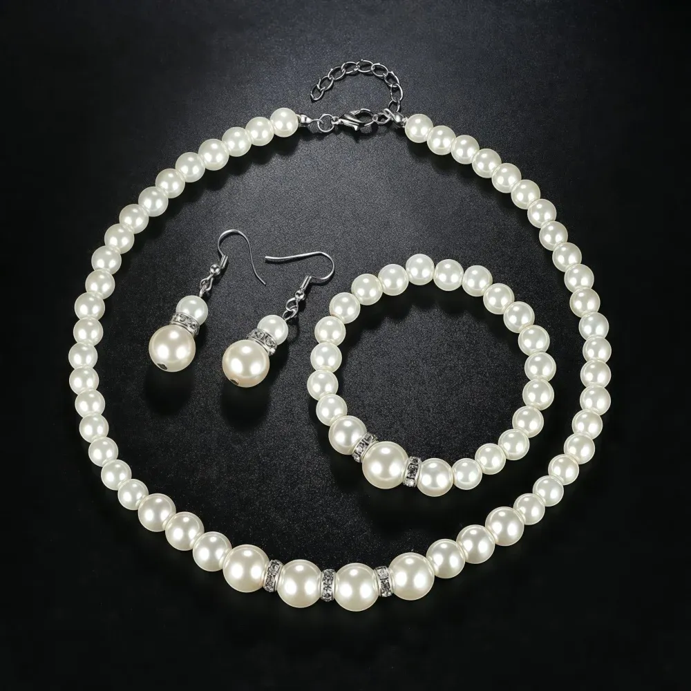 Elegant 3-Piece Imitation Pearl Fireball Jewelry Set for Women - Silver Color Crystal Stone Necklace, Bracelet, and Stud Earrings - Perfect Bridal Gift - Image 4