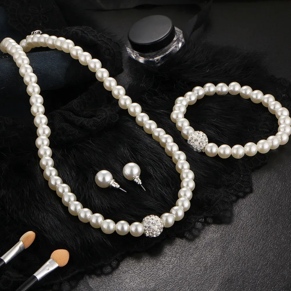 Elegant 3-Piece Imitation Pearl Fireball Jewelry Set for Women - Silver Color Crystal Stone Necklace, Bracelet, and Stud Earrings - Perfect Bridal Gift - Image 2