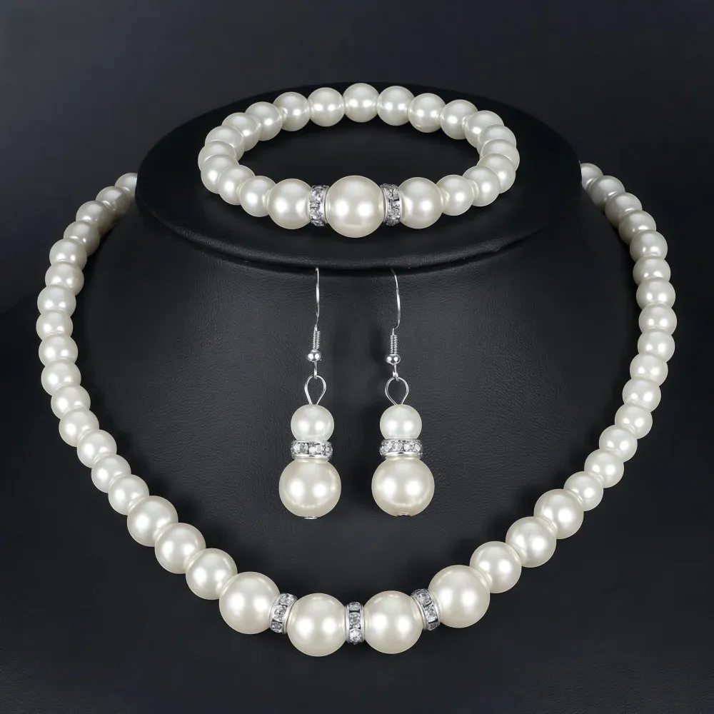 Elegant 3-Piece Imitation Pearl Fireball Jewelry Set for Women - Silver Color Crystal Stone Necklace, Bracelet, and Stud Earrings - Perfect Bridal Gift showcase 6