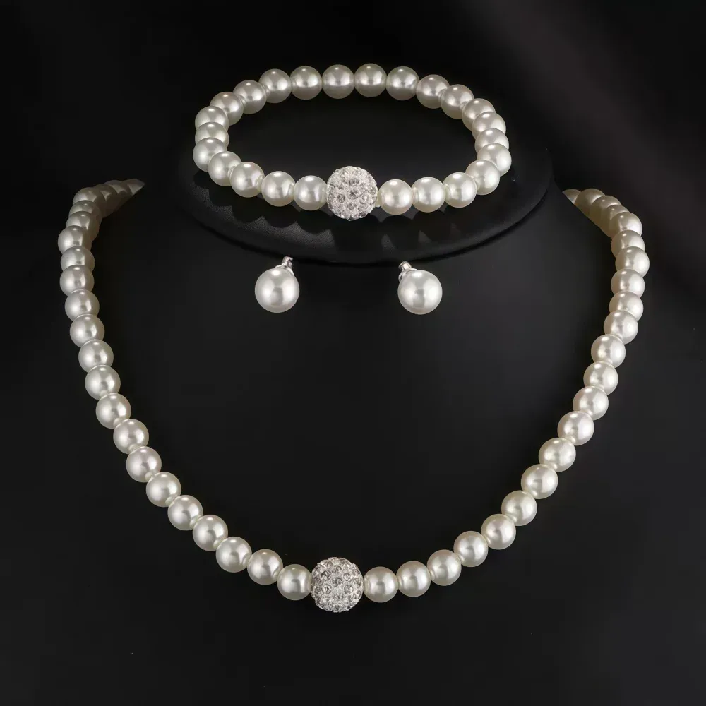 Elegant 3-Piece Imitation Pearl Fireball Jewelry Set for Women - Silver Color Crystal Stone Necklace, Bracelet, and Stud Earrings - Perfect Bridal Gift