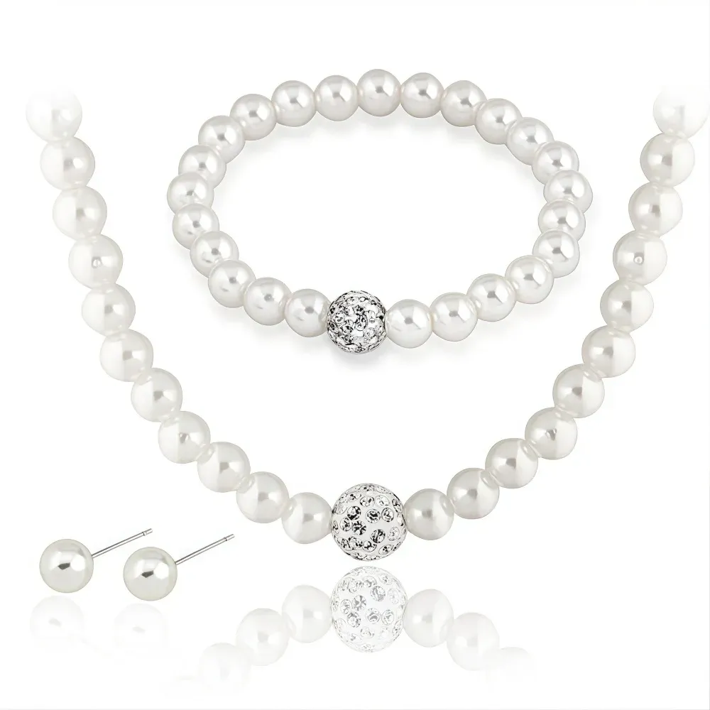 Elegant 3-Piece Imitation Pearl Fireball Jewelry Set for Women - Silver Color Crystal Stone Necklace, Bracelet, and Stud Earrings - Perfect Bridal Gift showcase 5
