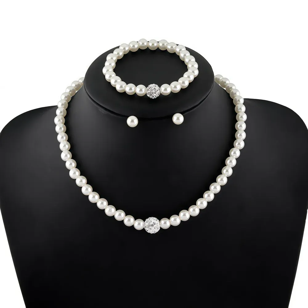 Elegant 3-Piece Imitation Pearl Fireball Jewelry Set for Women - Silver Color Crystal Stone Necklace, Bracelet, and Stud Earrings - Perfect Bridal Gift showcase 4