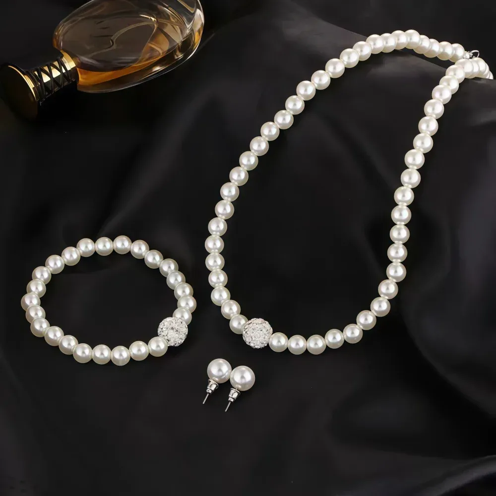 Elegant 3-Piece Imitation Pearl Fireball Jewelry Set for Women - Silver Color Crystal Stone Necklace, Bracelet, and Stud Earrings - Perfect Bridal Gift showcase 2
