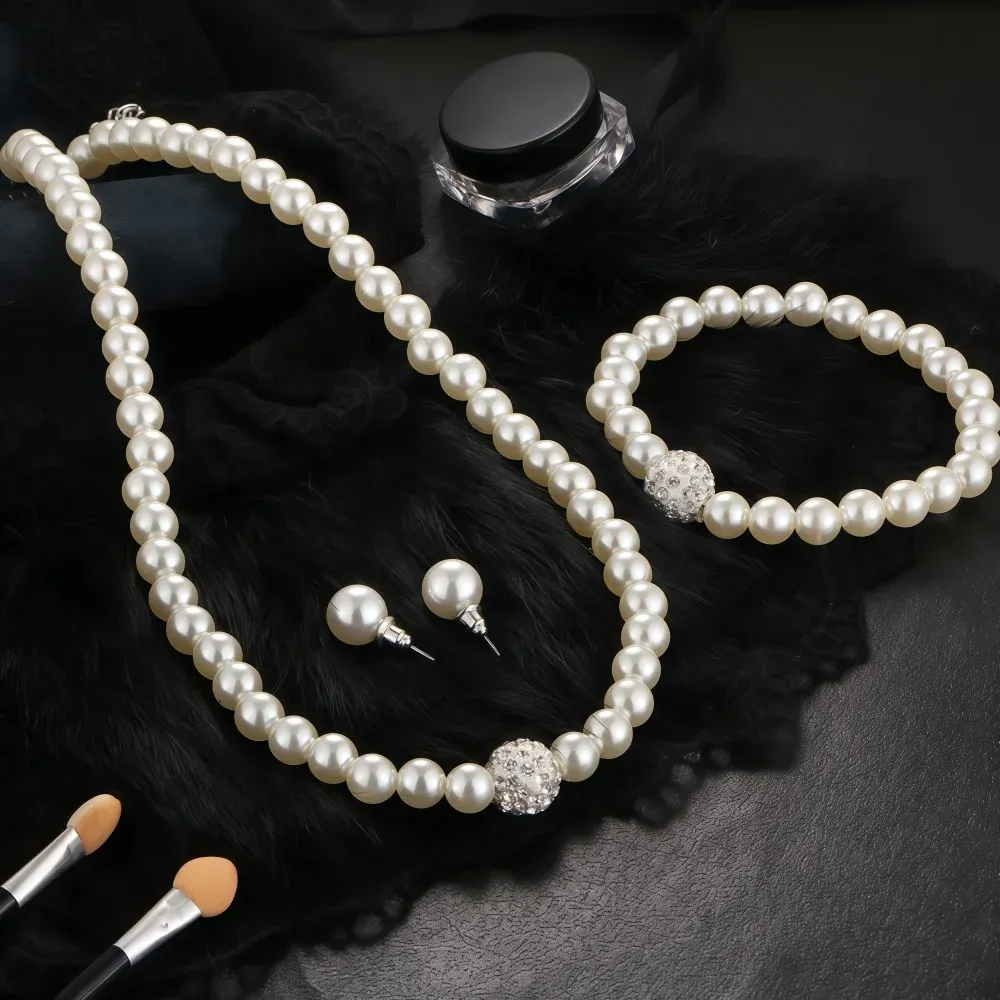 Elegant 3-Piece Imitation Pearl Fireball Jewelry Set for Women - Silver Color Crystal Stone Necklace, Bracelet, and Stud Earrings - Perfect Bridal Gift showcase 3