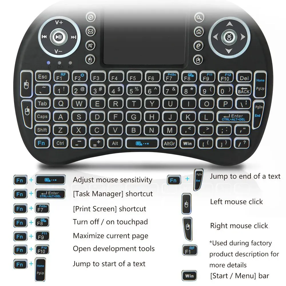 RGB Backlit Mini Wireless Keyboard with Touchpad - Spanish, French, Russian, Portuguese Layouts - Air Mouse for PC, TV Box, Android, Gaming thumbnail 2