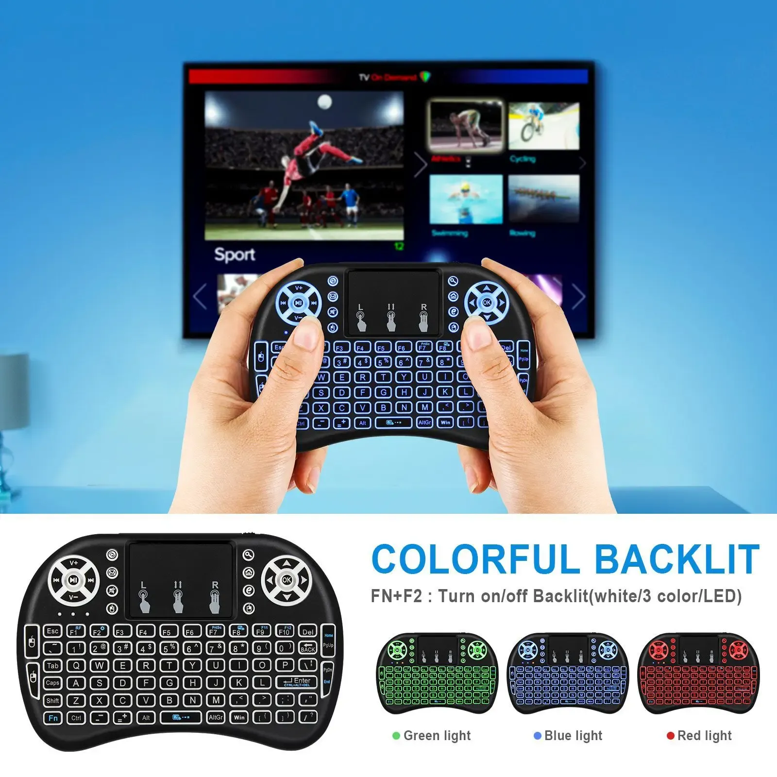 RGB Backlit Mini Wireless Keyboard with Touchpad - Spanish, French, Russian, Portuguese Layouts - Air Mouse for PC, TV Box, Android, Gaming thumbnail 5