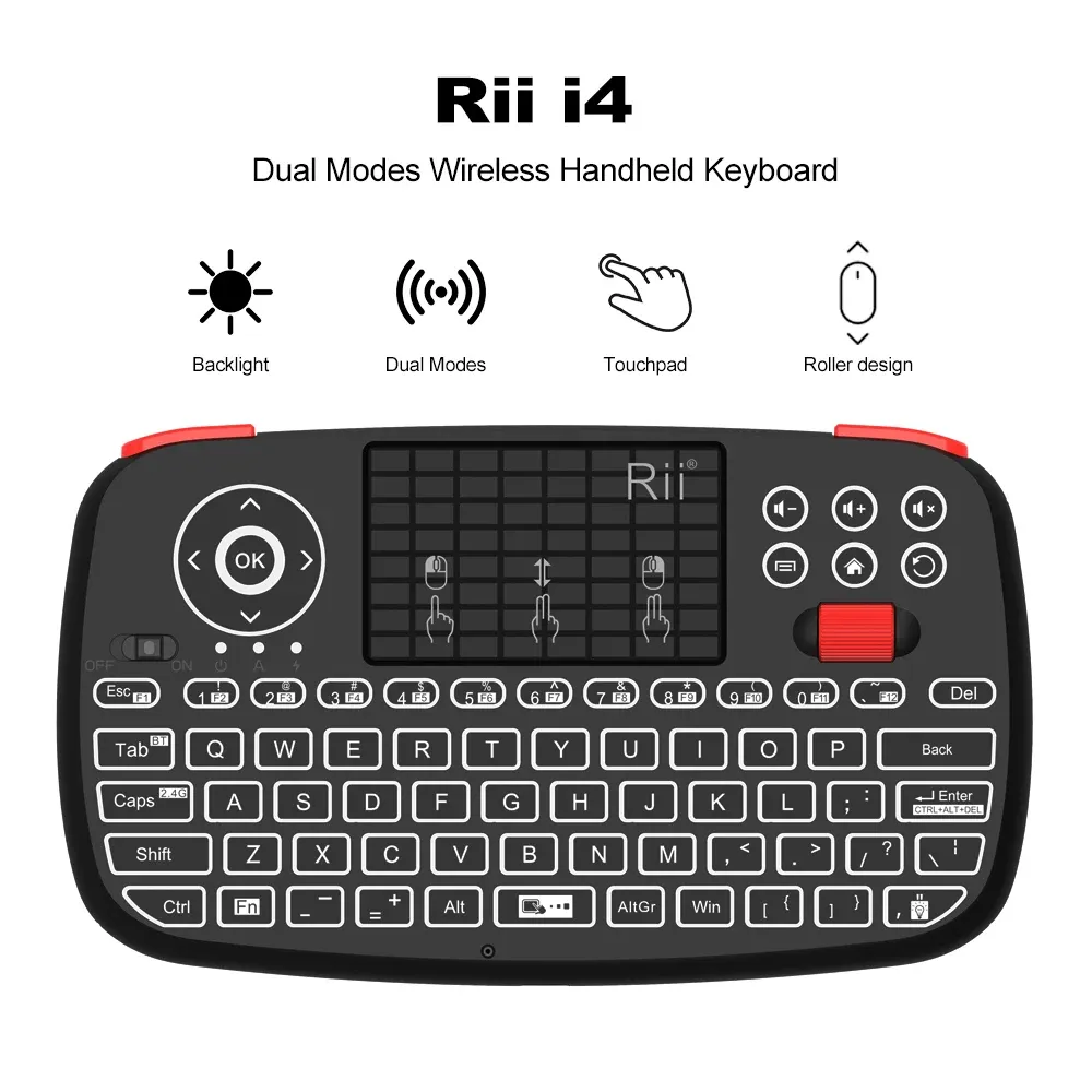Rii i4 Mini Wireless Keyboard with Touchpad, Dual Mode BT 2.4GHz Backlit Mouse Remote Control for Windows Android Smart TV PC Laptop Mac