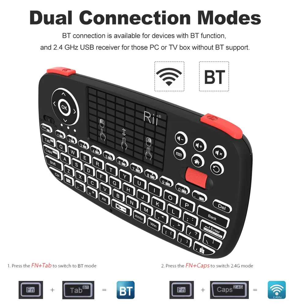 Rii i4 Mini Wireless Keyboard with Touchpad, Dual Mode BT 2.4GHz Backlit Mouse Remote Control for Windows Android Smart TV PC Laptop Mac thumbnail 3