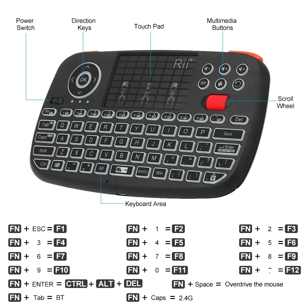 Rii i4 Mini Wireless Keyboard with Touchpad, Dual Mode BT 2.4GHz Backlit Mouse Remote Control for Windows Android Smart TV PC Laptop Mac showcase 2