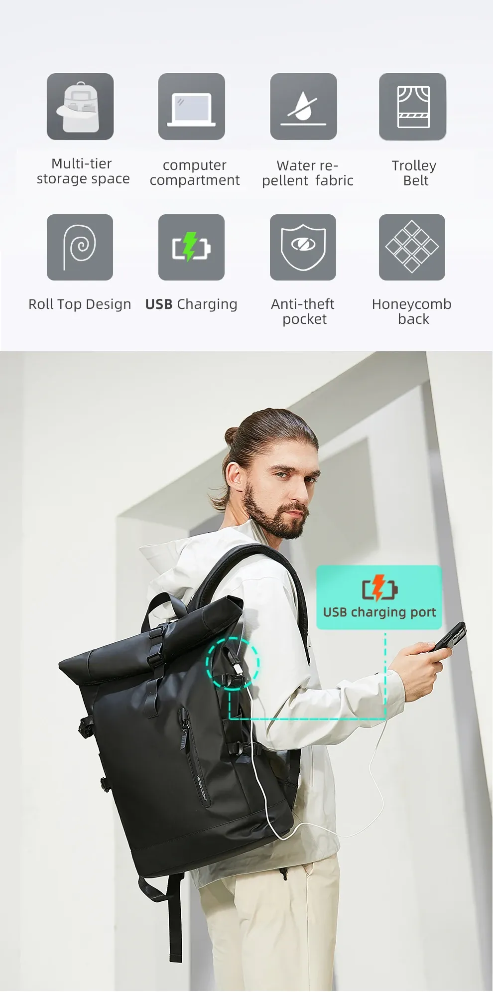 HK Expandable Travel Backpack for Men, Large Capacity Waterproof 15.6" Laptop Bag, Versatile Hiking Rucksack with USB Charging Port, Ideal for Cycling and Daily Use showcase 3