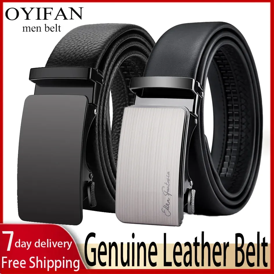OYIFAN Men's Genuine Leather Ratchet Belt - Automatic Sliding Buckle, Durable & Stylish for Casual & Formal Wear, Adjustable Length Up to 51.2 Inches thumbnail 1