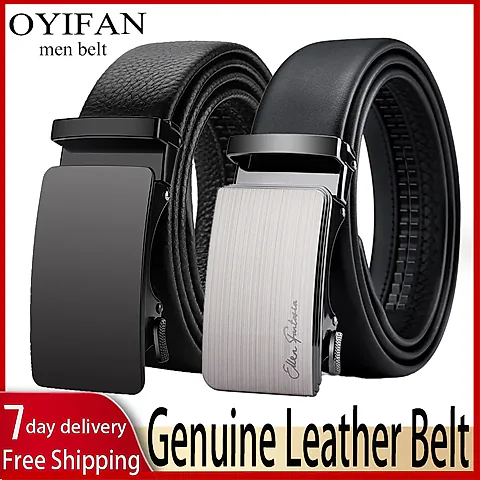 OYIFAN Men's Genuine Leather Ratchet Belt - Automatic Sliding Buckle, Durable & Stylish for Casual & Formal Wear, Adjustable Length Up to 51.2 Inches
