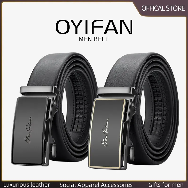 OYIFAN Men's Genuine Leather Ratchet Belt - Automatic Sliding Buckle, Durable & Stylish for Casual & Formal Wear, Adjustable Length Up to 51.2 Inches thumbnail 4
