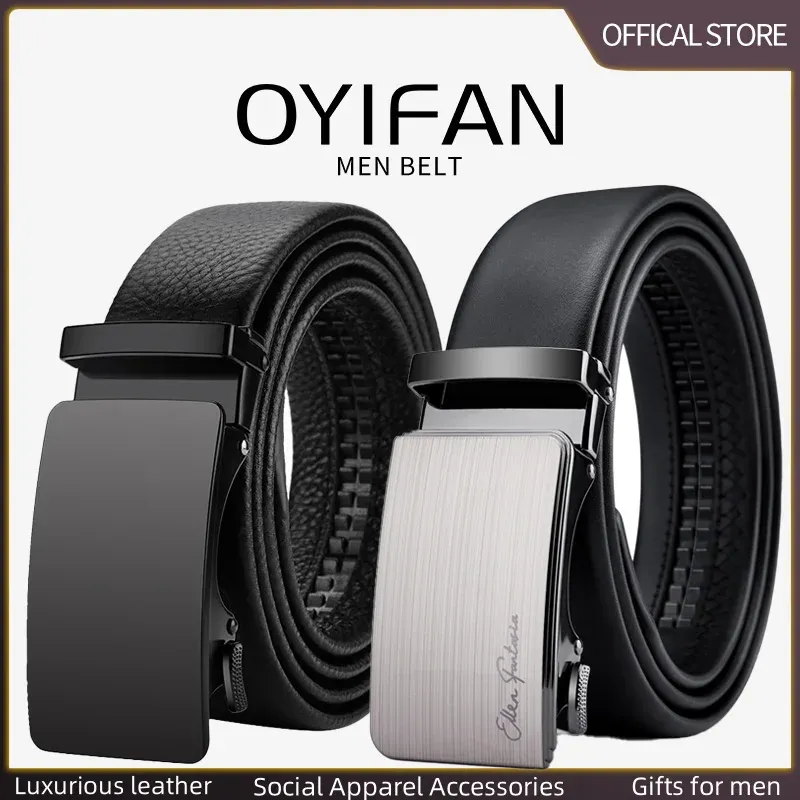 OYIFAN Men's Genuine Leather Ratchet Belt - Automatic Sliding Buckle, Durable & Stylish for Casual & Formal Wear, Adjustable Length Up to 51.2 Inches showcase 1