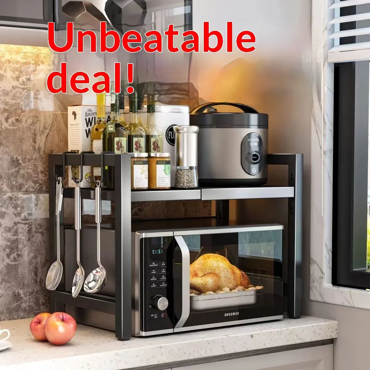 Telescopic Countertop Microwave Storage Rack Shelf - Expandable Organizer for Kitchen Rice Cookers, Ovens, and Appliances - Durable Household Storage Solution thumbnail 1