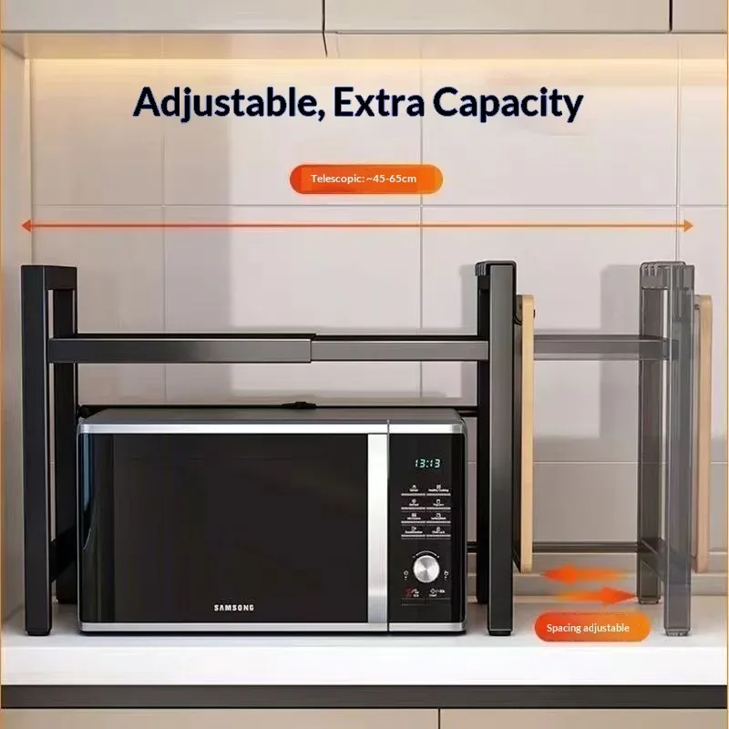 Telescopic Countertop Microwave Storage Rack Shelf - Expandable Organizer for Kitchen Rice Cookers, Ovens, and Appliances - Durable Household Storage Solution thumbnail 3