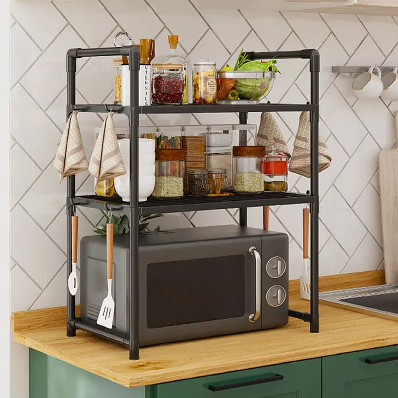 Multi-Purpose Kitchen Storage Rack Organizer - Thickened Adjustable Shelf for Microwave, Oven, Countertop, with Tool Hooks for Home Kitchen Use