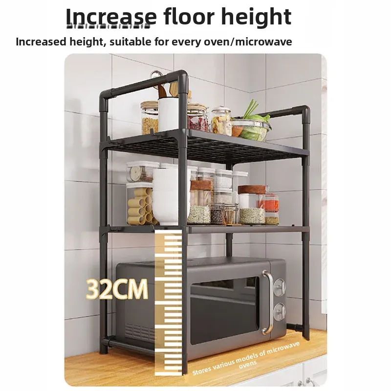 Multi-Purpose Kitchen Storage Rack Organizer - Thickened Adjustable Shelf for Microwave, Oven, Countertop, with Tool Hooks for Home Kitchen Use showcase 10