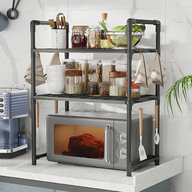 Multi-Purpose Kitchen Storage Rack Organizer - Thickened Adjustable Shelf for Microwave, Oven, Countertop, with Tool Hooks for Home Kitchen Use thumbnail 3