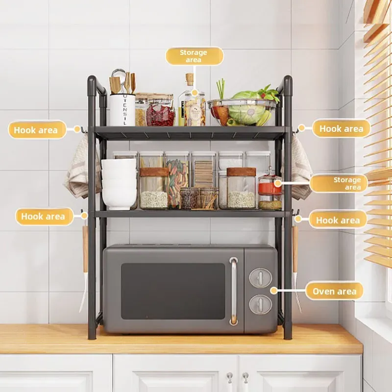 Multi-Purpose Kitchen Storage Rack Organizer - Thickened Adjustable Shelf for Microwave, Oven, Countertop, with Tool Hooks for Home Kitchen Use showcase 7
