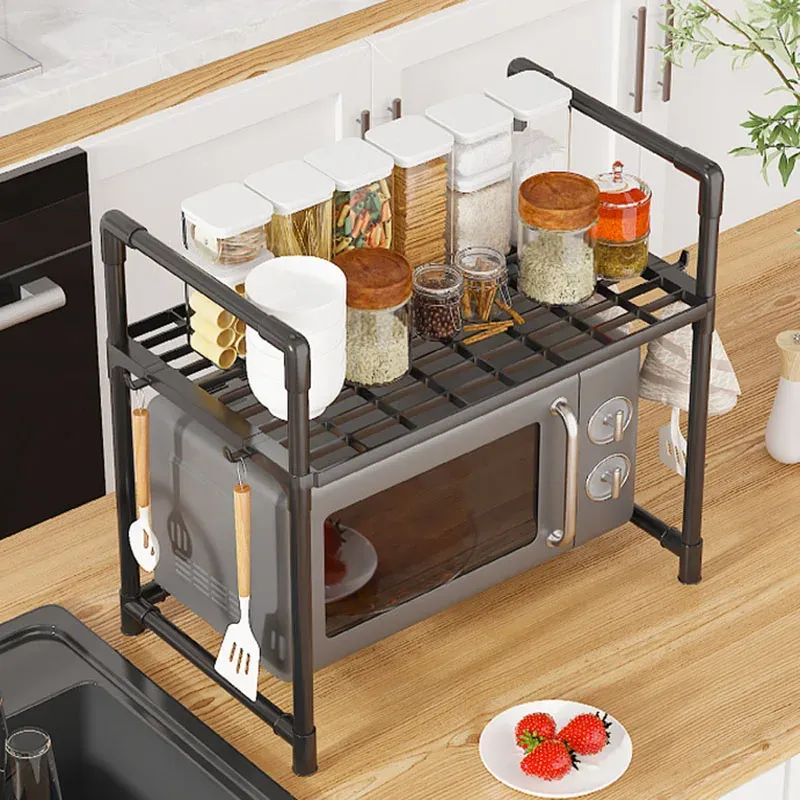 Multi-Purpose Kitchen Storage Rack Organizer - Thickened Adjustable Shelf for Microwave, Oven, Countertop, with Tool Hooks for Home Kitchen Use thumbnail 2
