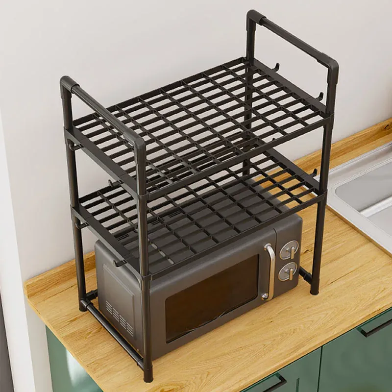 Multi-Purpose Kitchen Storage Rack Organizer - Thickened Adjustable Shelf for Microwave, Oven, Countertop, with Tool Hooks for Home Kitchen Use showcase 6