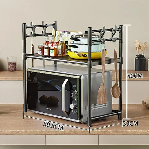Multi-Layer Kitchen Storage Rack with Hooks - Standing Countertop Organizer Shelf for Microwave, Condiments, and Oven Accessories - Rust-Proof, Waterproof PP Board, Easy Install