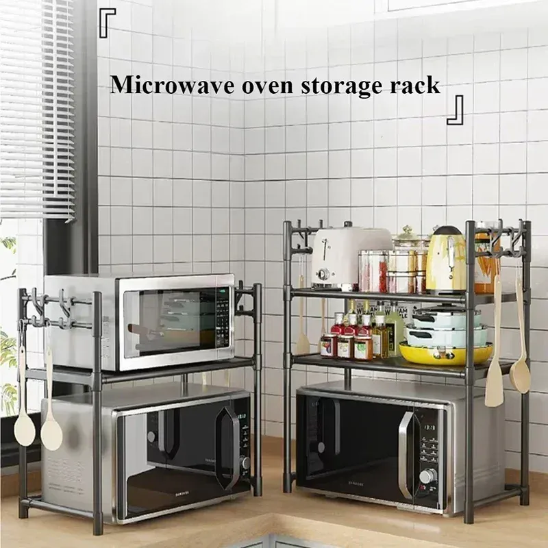 Multi-Layer Kitchen Storage Rack with Hooks - Standing Countertop Organizer Shelf for Microwave, Condiments, and Oven Accessories - Rust-Proof, Waterproof PP Board, Easy Install thumbnail 3