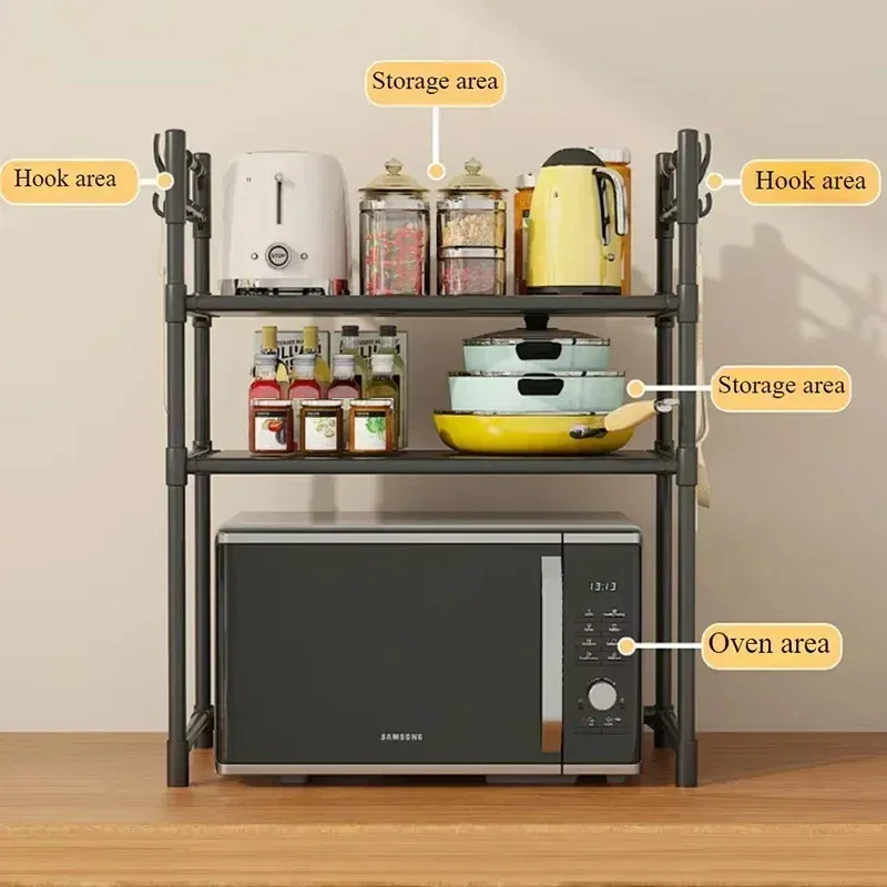 Multi-Layer Kitchen Storage Rack with Hooks - Standing Countertop Organizer Shelf for Microwave, Condiments, and Oven Accessories - Rust-Proof, Waterproof PP Board, Easy Install thumbnail 4