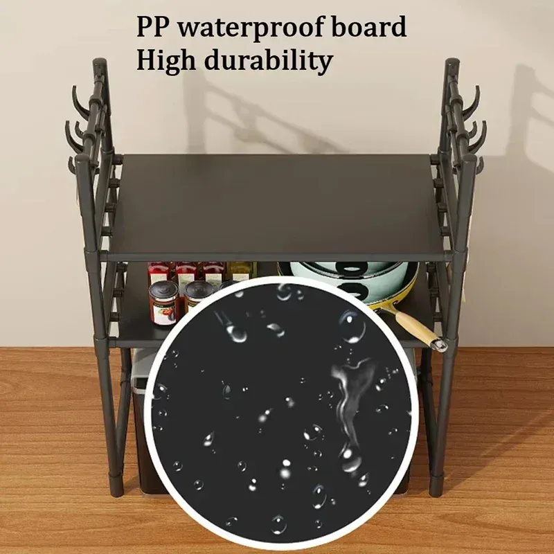 Multi-Layer Kitchen Storage Rack with Hooks - Standing Countertop Organizer Shelf for Microwave, Condiments, and Oven Accessories - Rust-Proof, Waterproof PP Board, Easy Install showcase 11