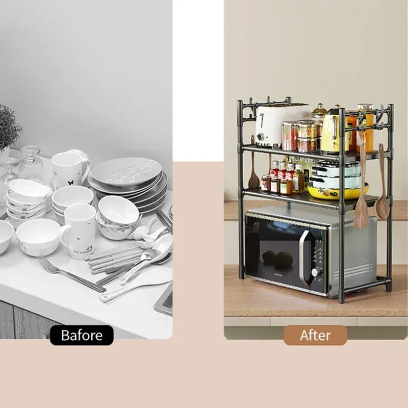 Multi-Layer Kitchen Storage Rack with Hooks - Standing Countertop Organizer Shelf for Microwave, Condiments, and Oven Accessories - Rust-Proof, Waterproof PP Board, Easy Install showcase 8