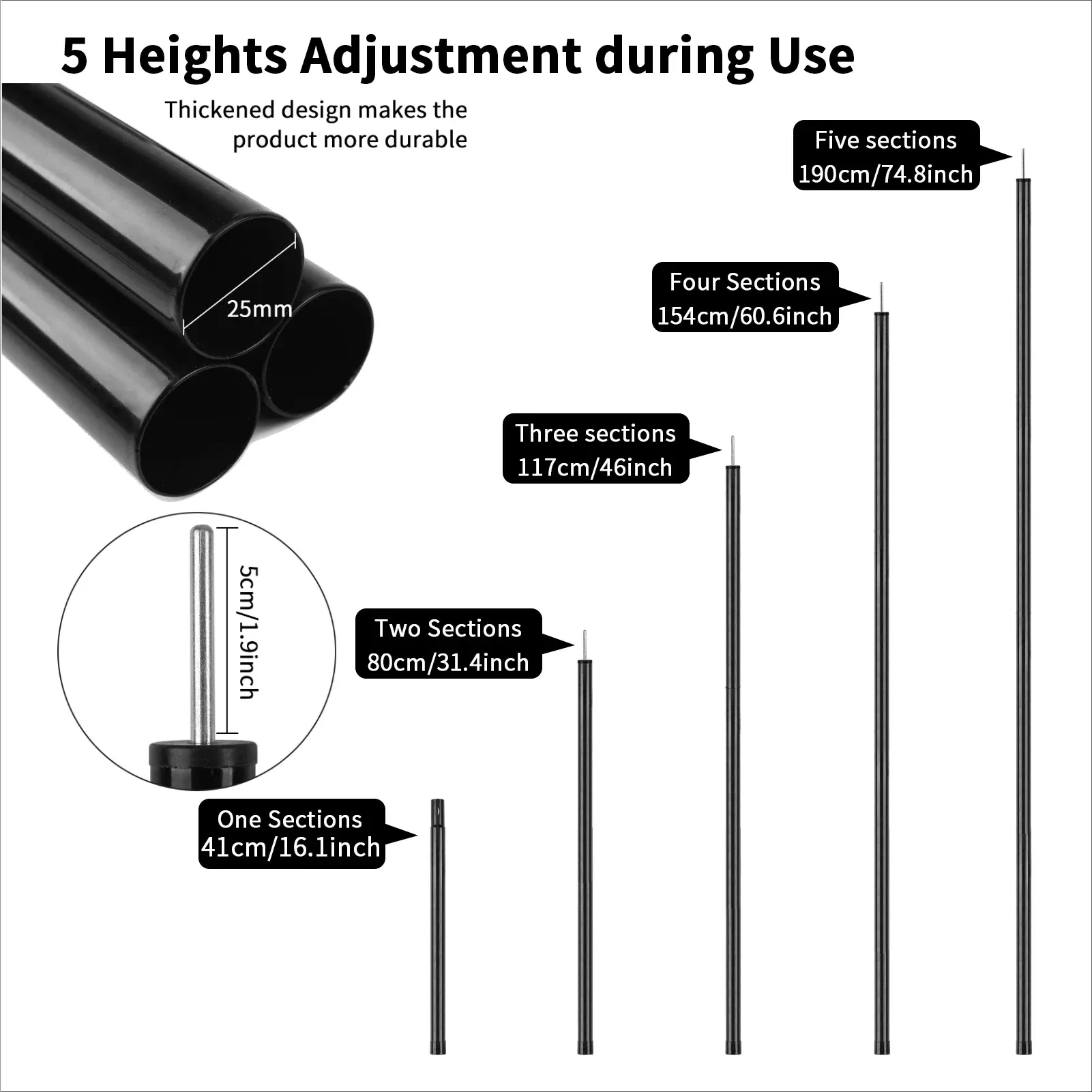 Telescopic Tent Poles Set of 2 - Adjustable Aluminium Camping Awning Poles for Sun Sails, Tarps, and Shelters - Lightweight & Durable Outdoor Gear thumbnail 5