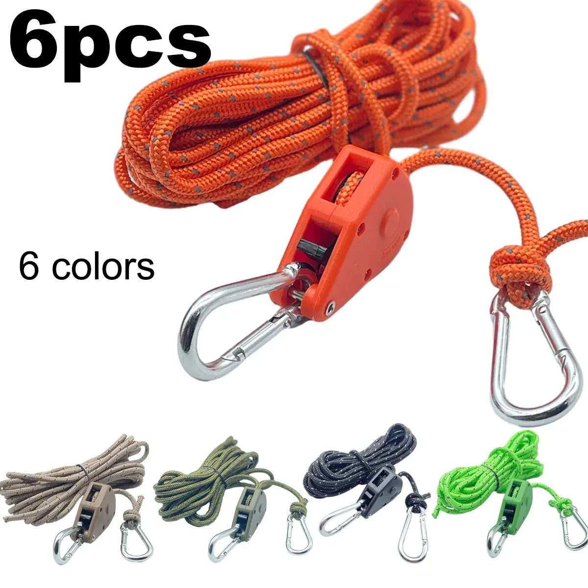 6pcs Reflective Camping Tent Rope with Pulley Tensioner - 5m 4mm Durable Polyester for Outdoor Tents, Awnings, and Gear Tie-Downs