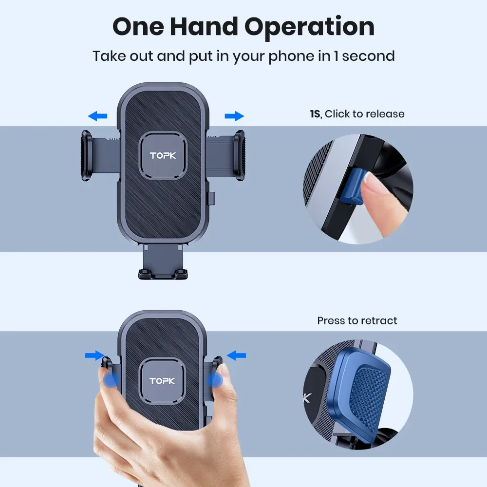 TOPK Universal Car Phone Holder Mount - Air Vent & Dashboard Suction Cup for iPhone, Samsung, Xiaomi (4.7-6.7") - Secure GPS Stand Bracket thumbnail 2