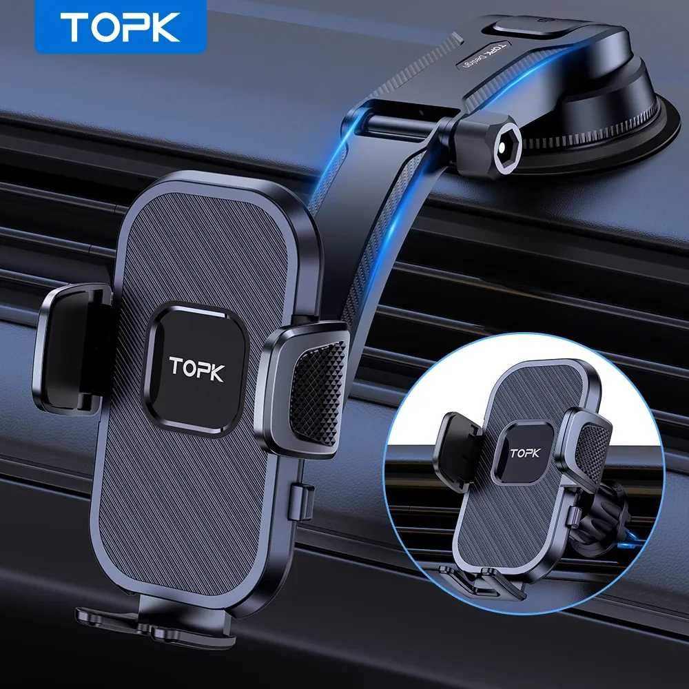 TOPK Universal Car Phone Holder Mount - Air Vent & Dashboard Suction Cup for iPhone, Samsung, Xiaomi (4.7-6.7") - Secure GPS Stand Bracket