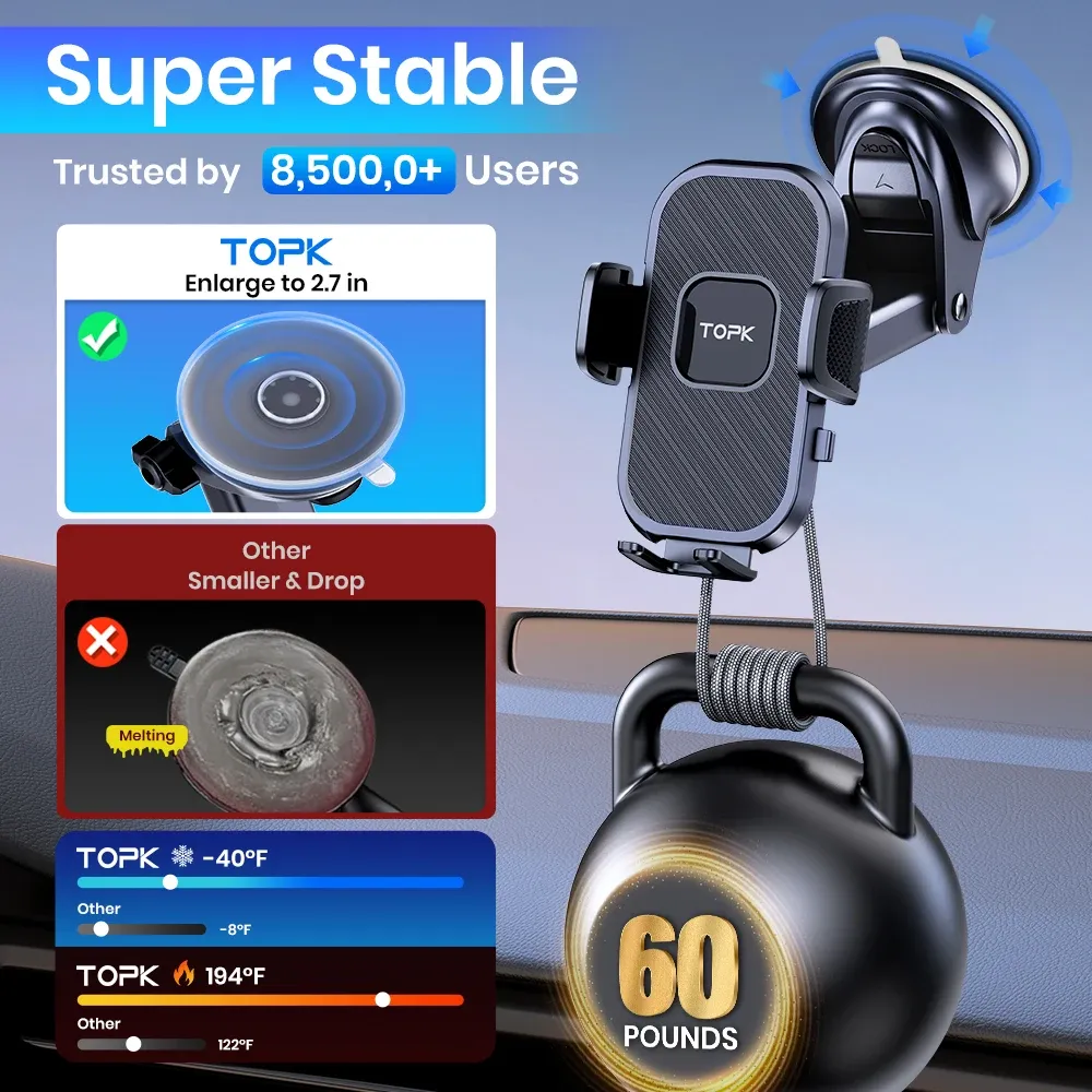 TOPK Universal Car Phone Holder Mount - Air Vent & Dashboard Suction Cup for iPhone, Samsung, Xiaomi (4.7-6.7") - Secure GPS Stand Bracket showcase 16