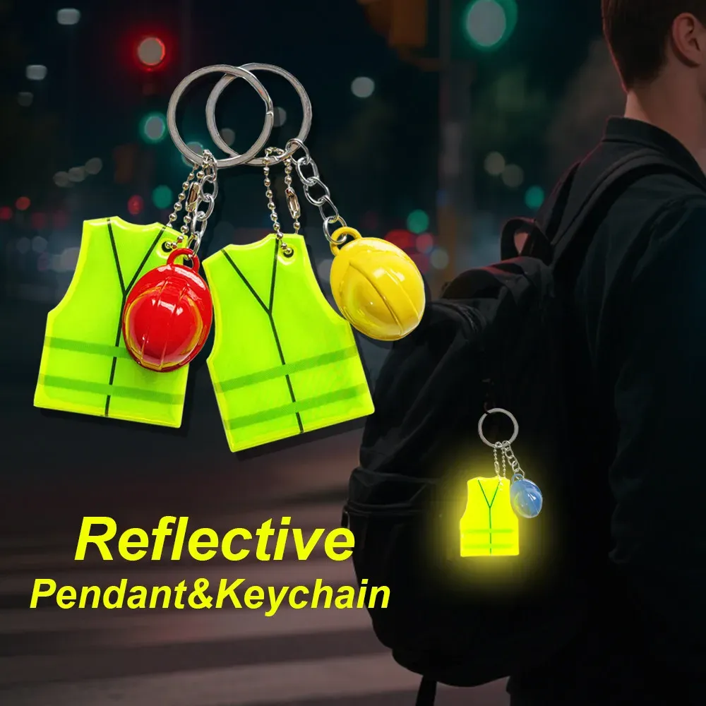 Creative Vest & Safety Helmet Keychain Set - Reflective Pendant for Night Travel, Sports, Backpacks, Luggage - Unique Accessory Gift showcase 1