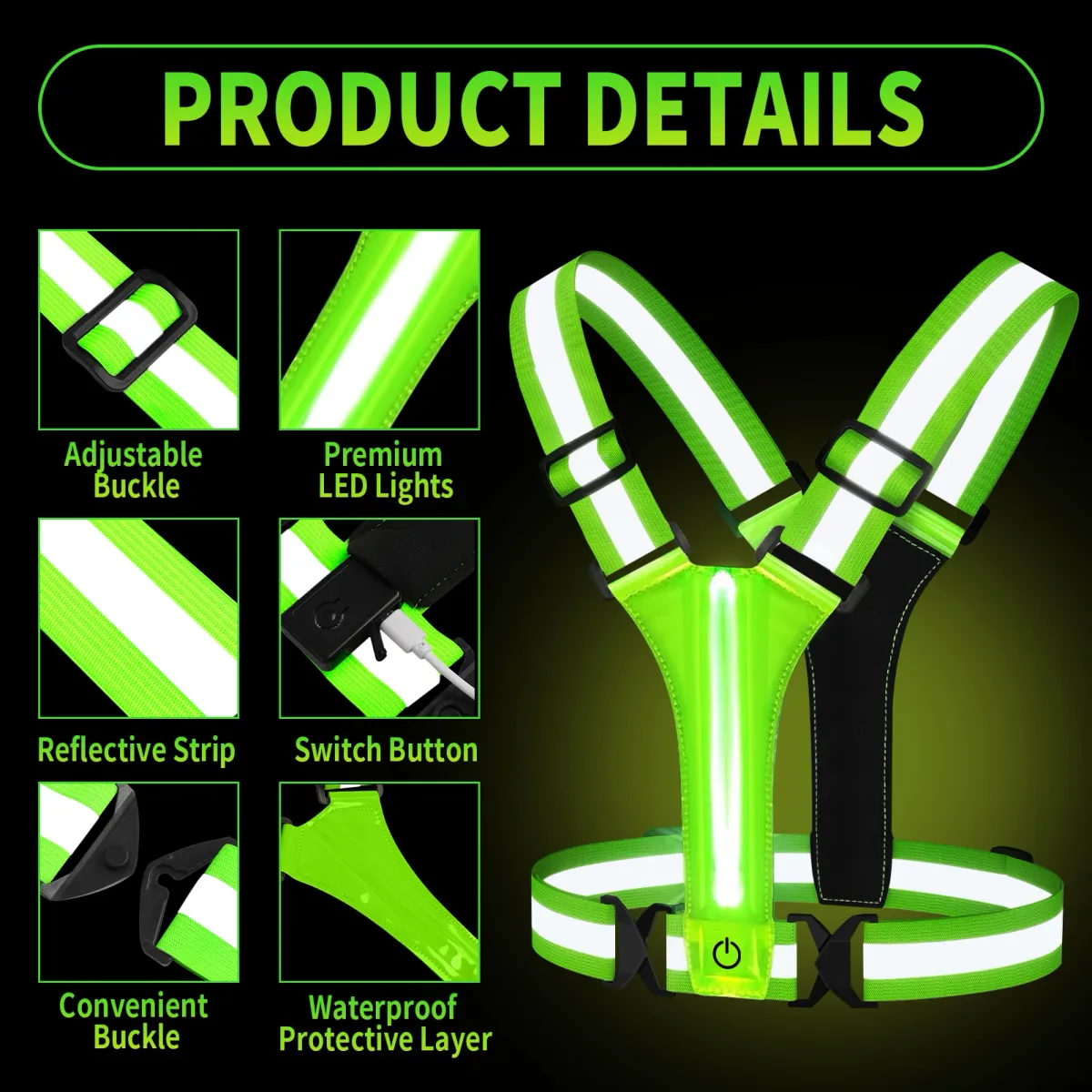 LED Reflective Safety Vest for Outdoor Night Walking, Running, Cycling - Rechargeable, Waterproof, Adjustable Straps for High Visibility (800ft Reflective, 1000ft LED) showcase 8