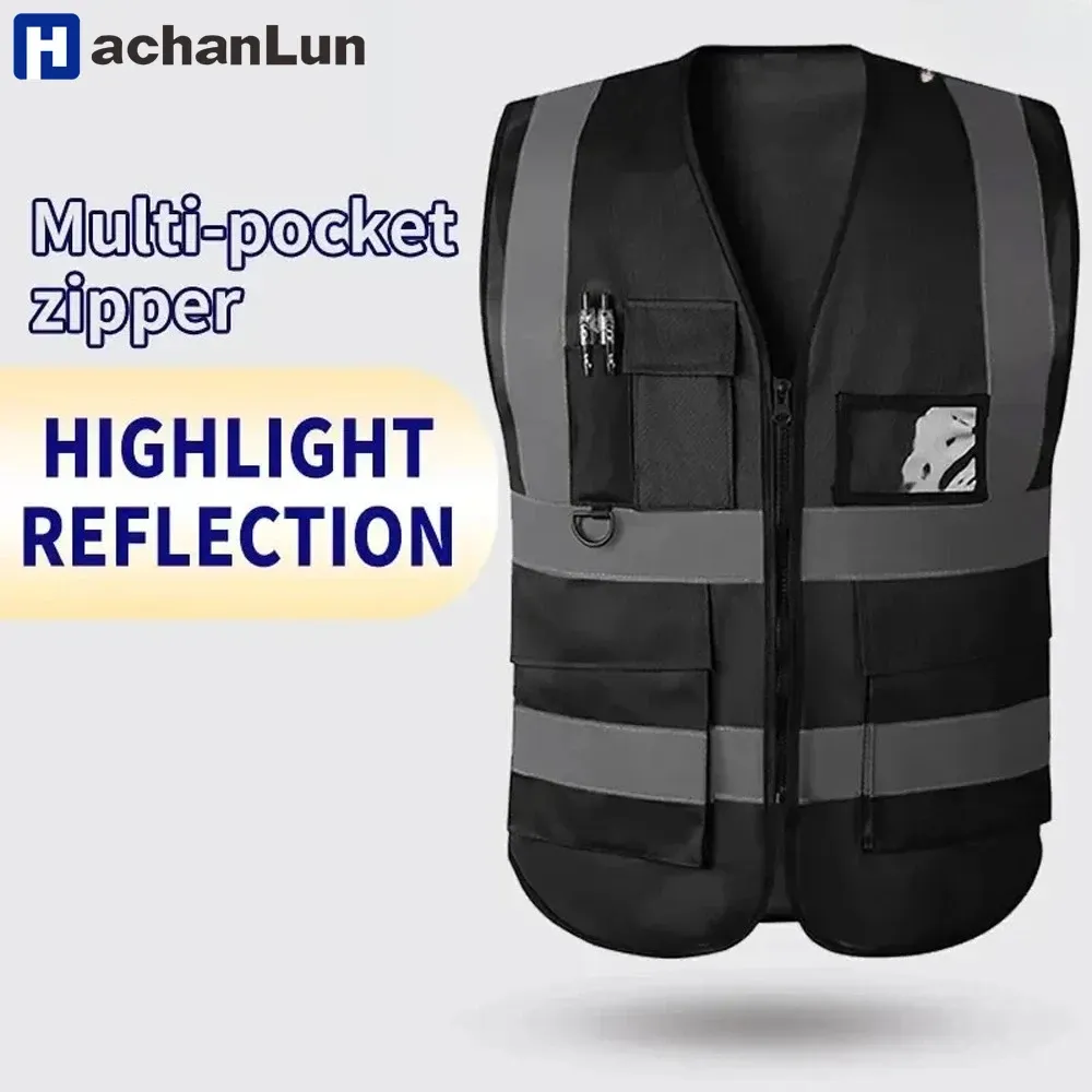 HACHANLUN Black Reflective Safety Vest for Traffic Riding & Outdoor Activities, Multi-Pocket Zipper Design, Durable Polyester, Enhanced Visibility