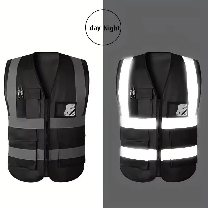 HACHANLUN Black Reflective Safety Vest for Traffic Riding & Outdoor Activities, Multi-Pocket Zipper Design, Durable Polyester, Enhanced Visibility thumbnail 5