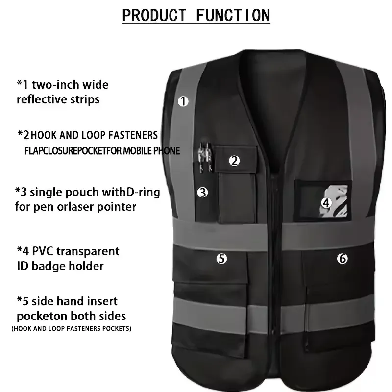 HACHANLUN Black Reflective Safety Vest for Traffic Riding & Outdoor Activities, Multi-Pocket Zipper Design, Durable Polyester, Enhanced Visibility thumbnail 4