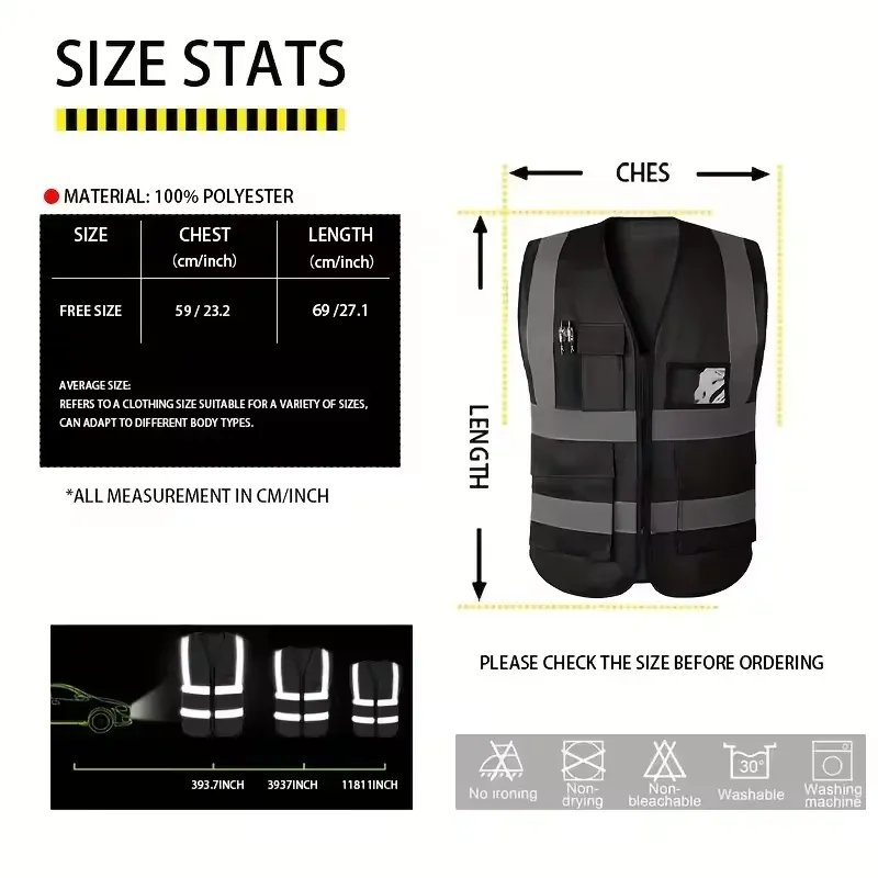 HACHANLUN Black Reflective Safety Vest for Traffic Riding & Outdoor Activities, Multi-Pocket Zipper Design, Durable Polyester, Enhanced Visibility thumbnail 3