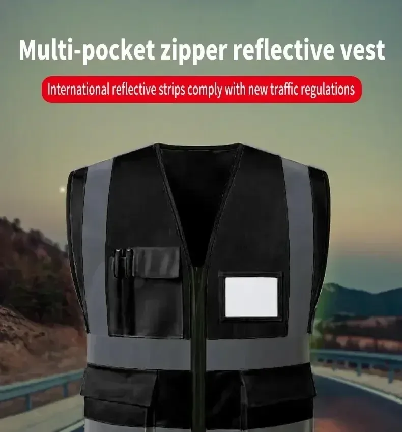 HACHANLUN Black Reflective Safety Vest for Traffic Riding & Outdoor Activities, Multi-Pocket Zipper Design, Durable Polyester, Enhanced Visibility showcase 1