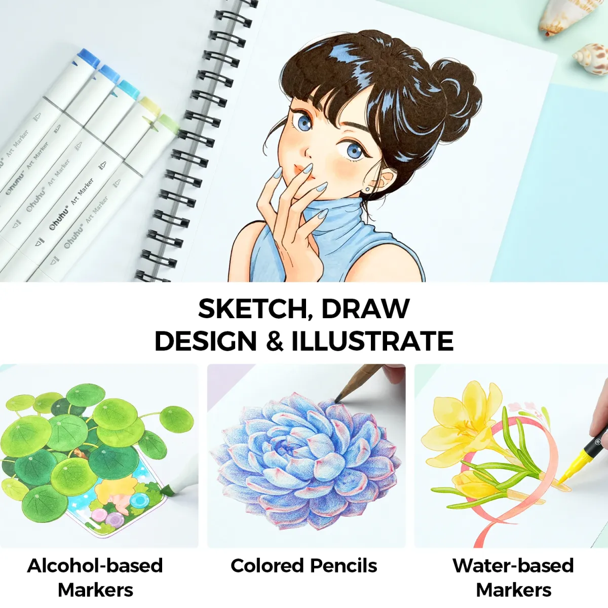 Ohuhu Double-Sided Bleedproof Marker Pad Sketchbook, 150GSM Spiral Bound Art Drawing Notebook for Alcohol Markers, 120 Pages, DIY Cover, Portable for Artists & Students showcase 8